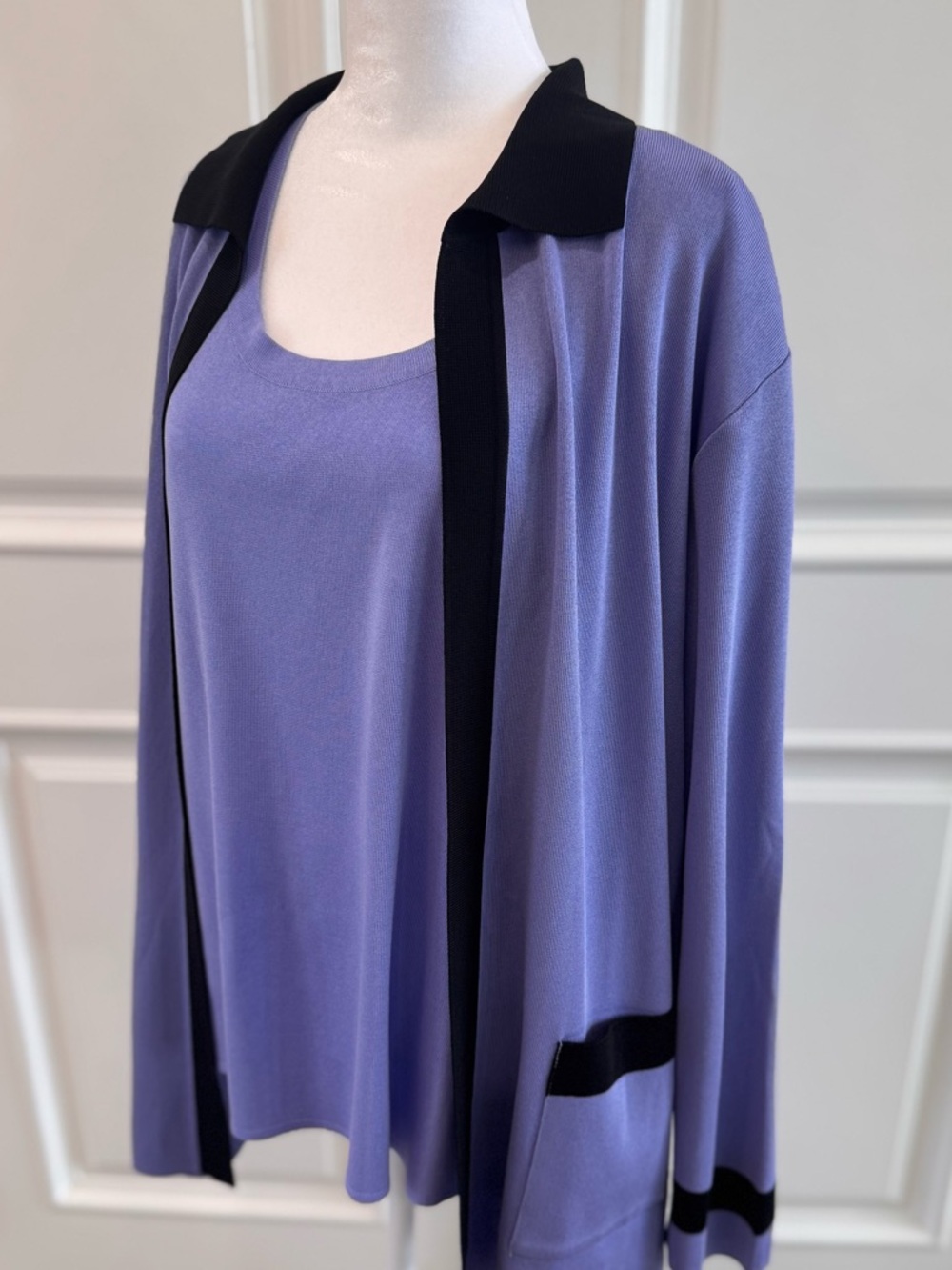 Misook Lavender Knit Camisole & Cardigan Set with Black Trim